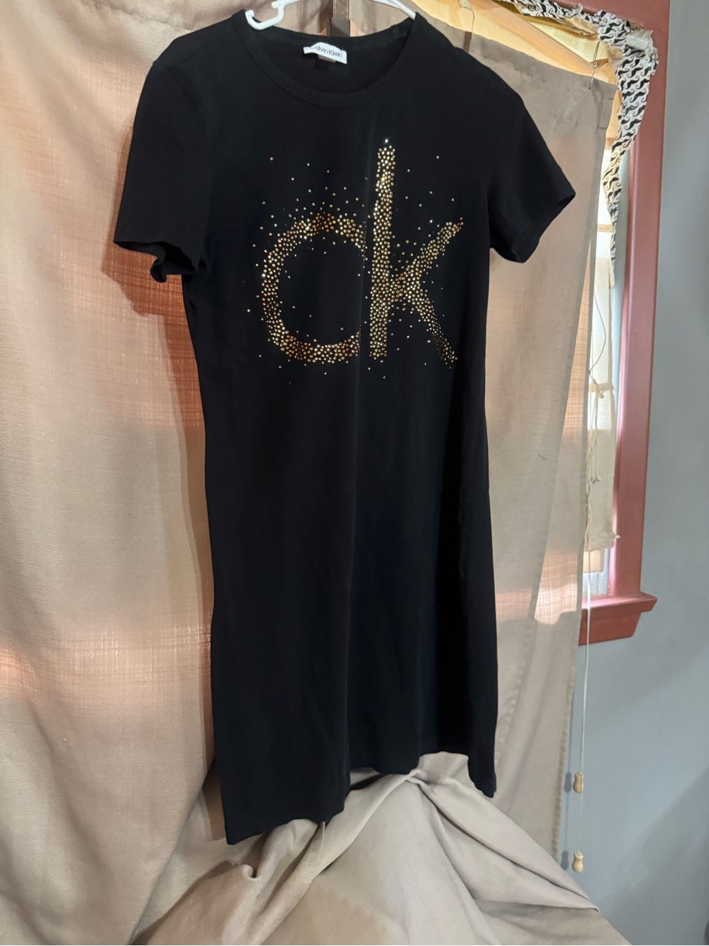 Calvin Klein Black Tee Dress with Gold Stud Logo